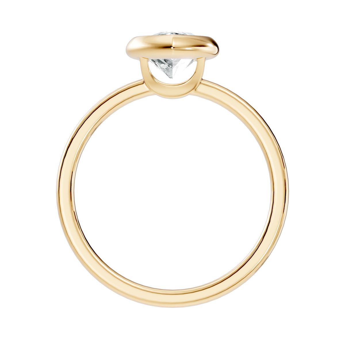 Side profile view showing a 2.00mm wide band and low profile 5.80mm setting height in 10k solid yellow gold. Designed as a comfortable wedding band or promise ring, this custom design is available in 10k/14k gold, 925 sterling silver, or platinum with 1ct, 1.5ct, or 2ct moissanite or lab diamond options.