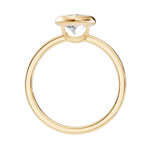 Side profile view showing a 2.00mm wide band and low profile 5.80mm setting height in 10k solid yellow gold. Designed as a comfortable wedding band or promise ring, this custom design is available in 10k/14k gold, 925 sterling silver, or platinum with 1ct, 1.5ct, or 2ct moissanite or lab diamond options.