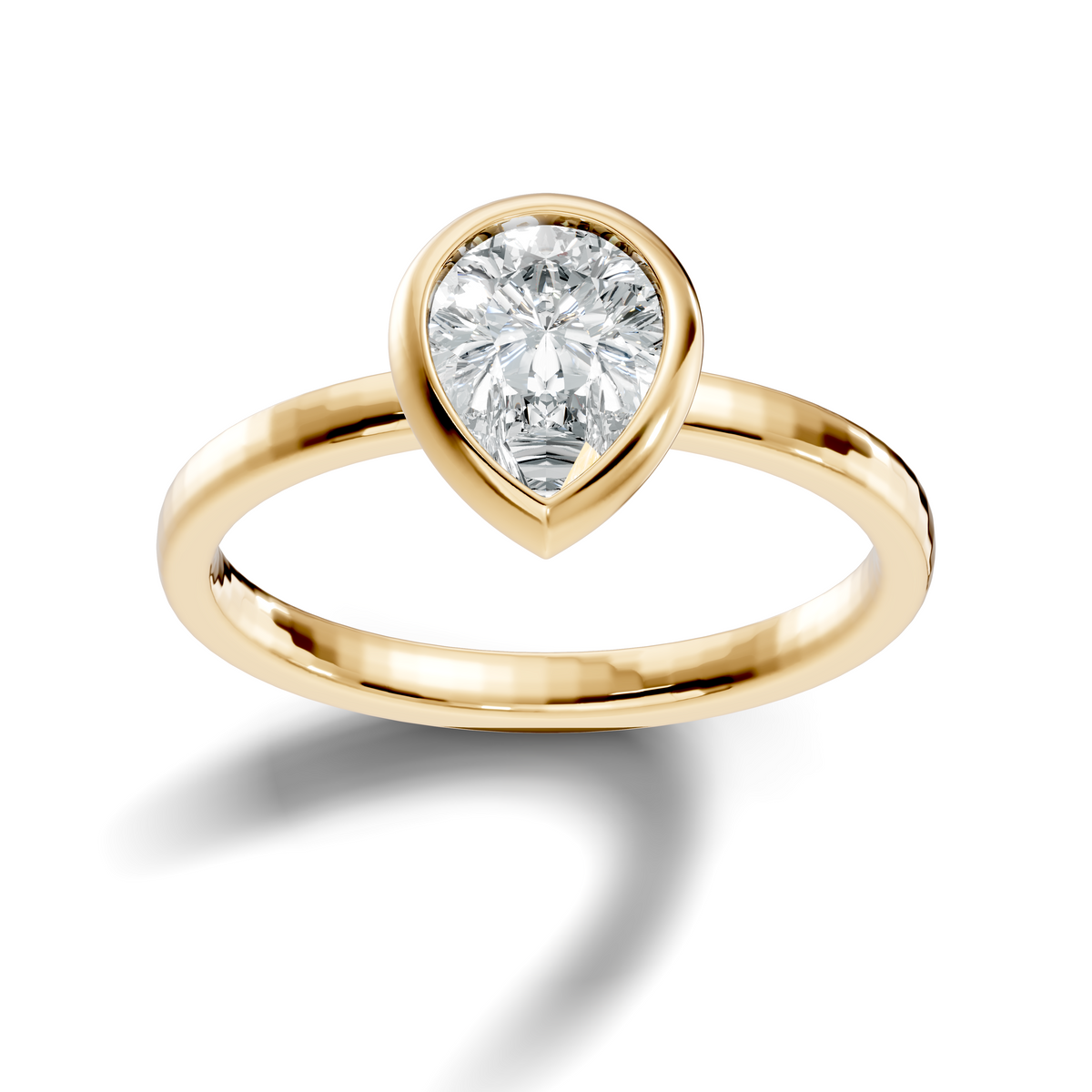 Macro close up view showing teardrop facet symmetry and F color VS clarity pear cut lab grown diamond in platinum. Ideal for a luxury bridal ring or statement piece, available with customization in platinum, 10k/14k gold, or silver with 1ct to 2ct lab diamond or moissanite