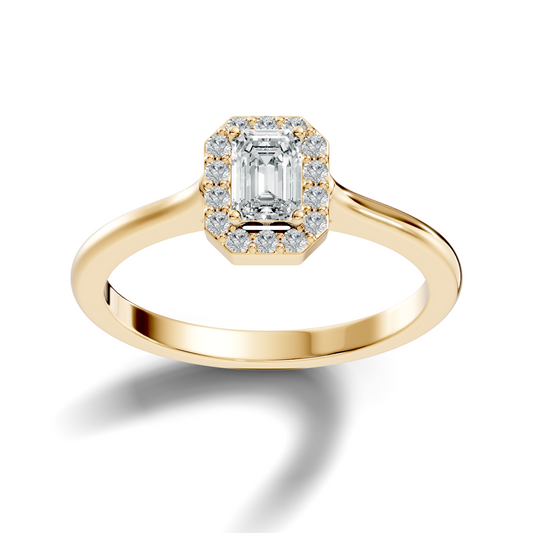 Side elevation shows 2.00mm band width, 1.53mm thickness, and 5.96mm setting height with open cathedral arches in 10k solid yellow gold. Perfect custom bridal ring and promise band. Available in 10k/14k gold, silver, and platinum with 1ct to 2ct emerald cut moissanite or lab grown diamond options.