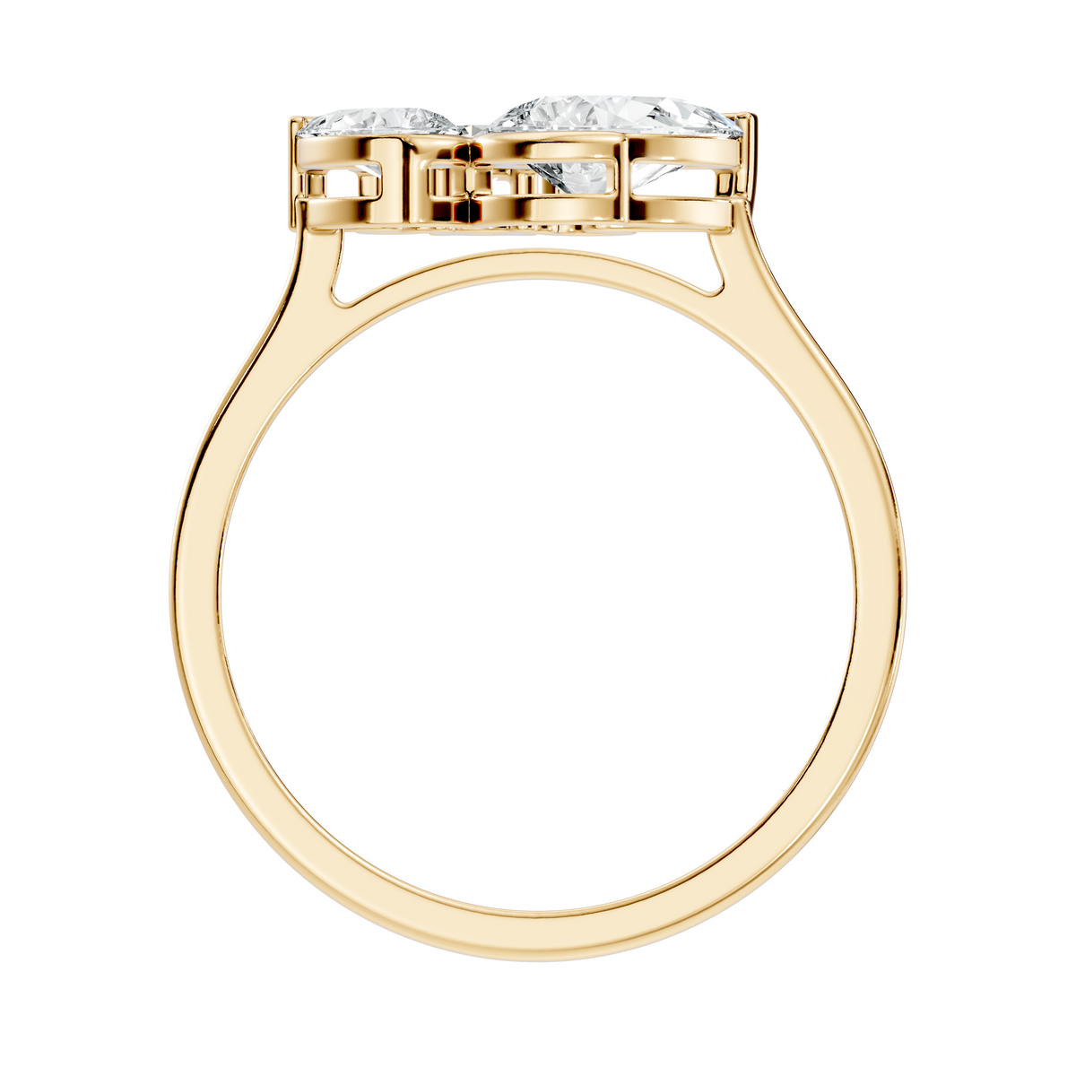 Side profile view showing a 1.50mm wide band and low profile 4.58mm setting height in 10k solid yellow gold. Designed as a comfortable wedding band or promise ring, this custom design is available in 10k/14k gold, 925 sterling silver, or platinum with 1ct, 1.5ct, or 2ct moissanite or lab diamond options.