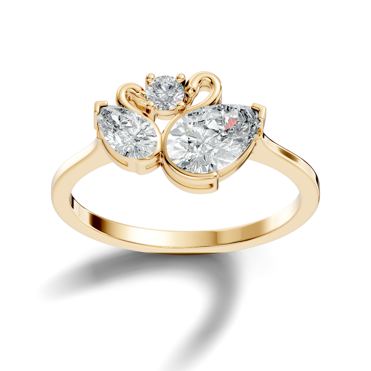 Angled studio render showcasing intense brilliance and D color VVS1 clarity of pear moissanite swan stones set in 925 sterling silver. An affordable engagement ring or travel safe ring, customizable in 925 silver, 10k/14k gold, or platinum with 1.00ct to 2.00ct moissanite or lab diamond.