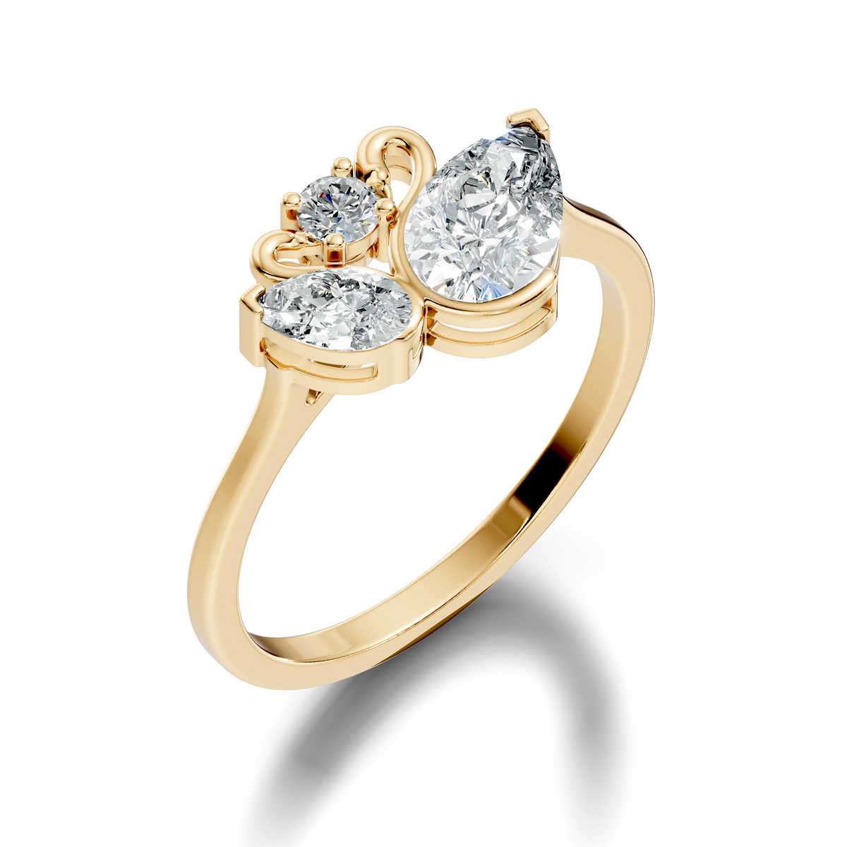 Macro close up view showing detailed swan motif prong settings and F color VS clarity pear lab grown diamonds in platinum. Ideal for a luxury bridal ring or statement piece, available with customization in platinum, 10k/14k gold, or silver with 1ct to 2ct lab diamond or moissanite.