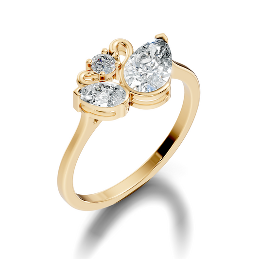 Macro close up view showing detailed swan motif prong settings and F color VS clarity pear lab grown diamonds in platinum. Ideal for a luxury bridal ring or statement piece, available with customization in platinum, 10k/14k gold, or silver with 1ct to 2ct lab diamond or moissanite.
