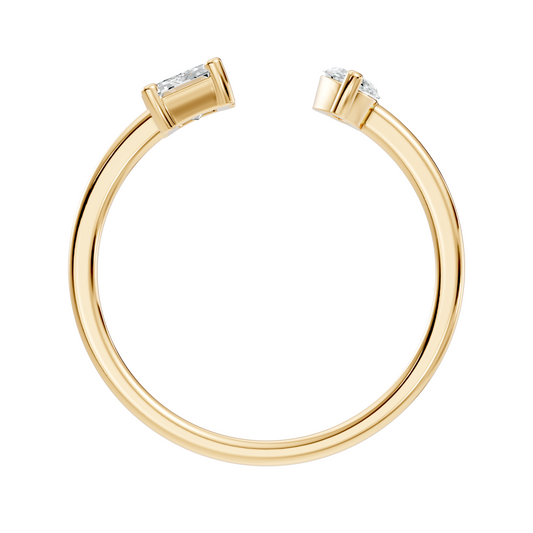 Profile view displaying open cuff design, 1.87mm setting top height, and ~1.60mm band width. Ideal engagement ring, promise ring, gold band. Custom options in 10k/14k gold, 925 silver, platinum with 1ct to 2ct moissanite or lab grown diamond.