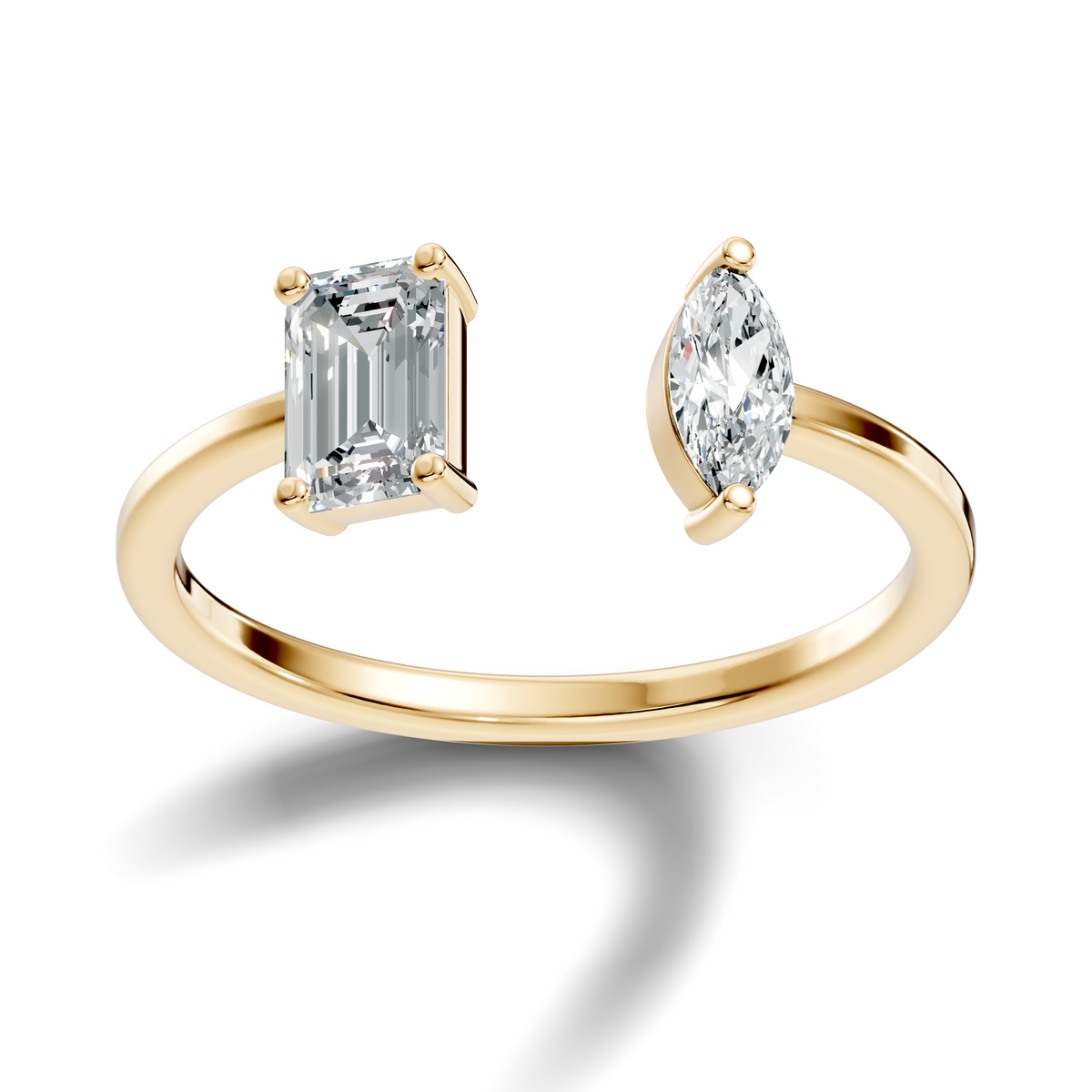 Perspective CAD render showing D Color VVS1 emerald and marquise brilliance on open yellow gold shank. Perfect anniversary gift, bridal jewelry, unique ring. Custom options in 10k/14k gold, 925 silver, platinum with 1ct to 2ct moissanite or lab grown diamond.
