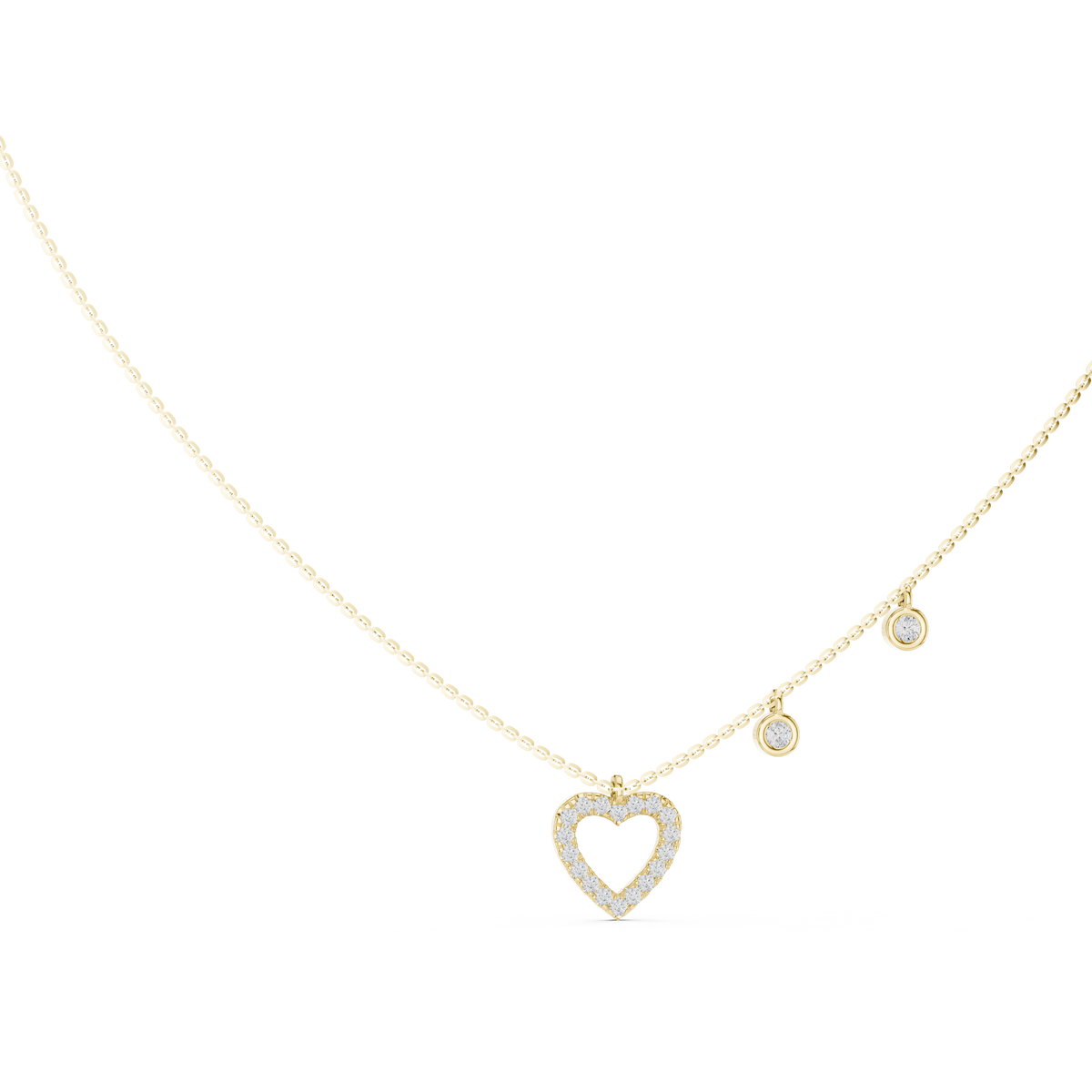 Front view of a heart pendant necklace showcasing round lab diamonds set in 14k gold pave setting with bezel station accents. Custom 10k/14k gold, 925 silver, or platinum with moissanite or lab grown diamond options from 1ct to 2ct. Perfect anniversary gift or wedding jewelry piece.
