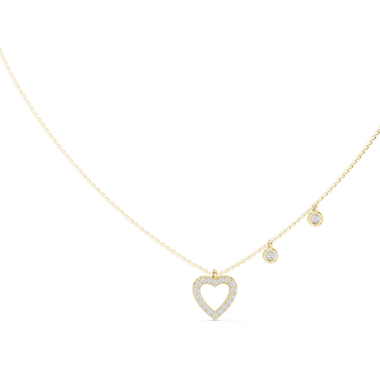 Front view of a heart pendant necklace showcasing round lab diamonds set in 14k gold pave setting with bezel station accents. Custom 10k/14k gold, 925 silver, or platinum with moissanite or lab grown diamond options from 1ct to 2ct. Perfect anniversary gift or wedding jewelry piece.