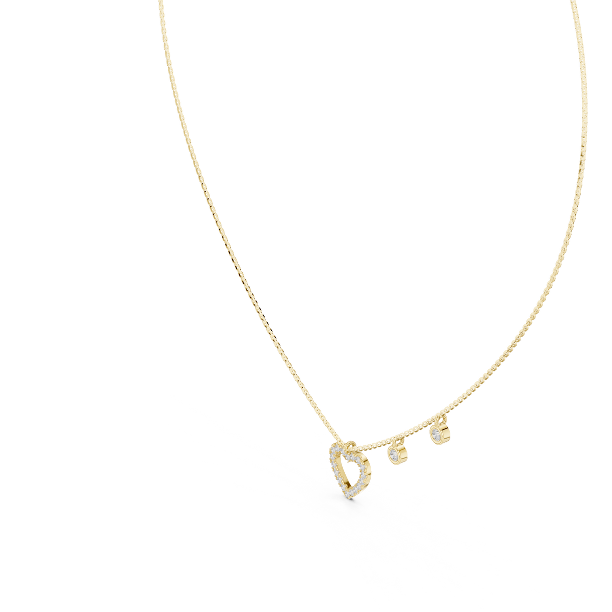 Angled close-up displaying brilliant D-E color VVS1 clarity moissanite heart charm sparkle mounted on 925 sterling silver chain. Offers customizable 10k/14k gold, 925 silver, platinum choices with 1ct to 2ct moissanite or lab grown diamond options for promise ring and necklace gift buyers.