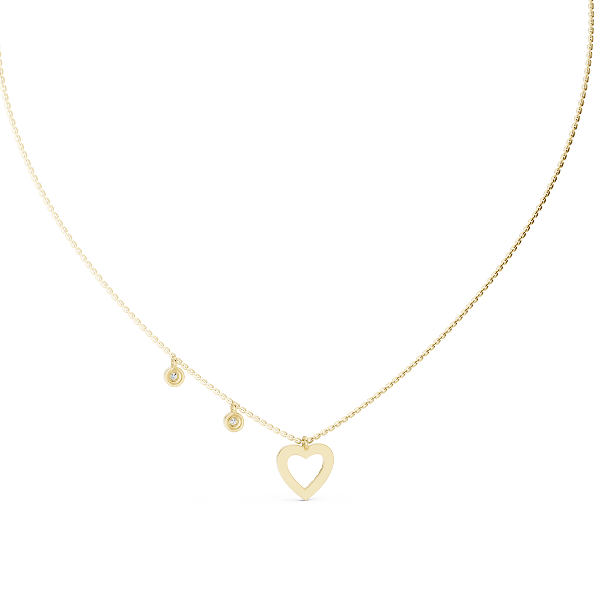 Side profile highlight of heart pendant showing delicate 1.8mm chain thickness, low profile bezel setting height, and 10k solid gold finish. Custom metal choices 10k/14k gold, 925 silver, platinum with 1ct to 2ct moissanite or lab grown diamond for customized gift styles.