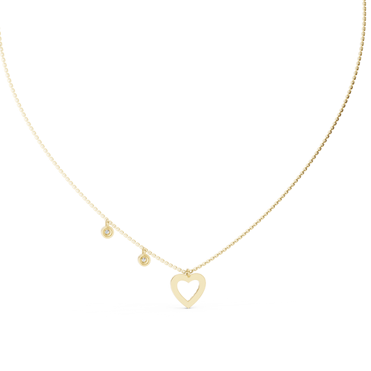Side profile highlight of heart pendant showing delicate 1.8mm chain thickness, low profile bezel setting height, and 10k solid gold finish. Custom metal choices 10k/14k gold, 925 silver, platinum with 1ct to 2ct moissanite or lab grown diamond for customized gift styles.