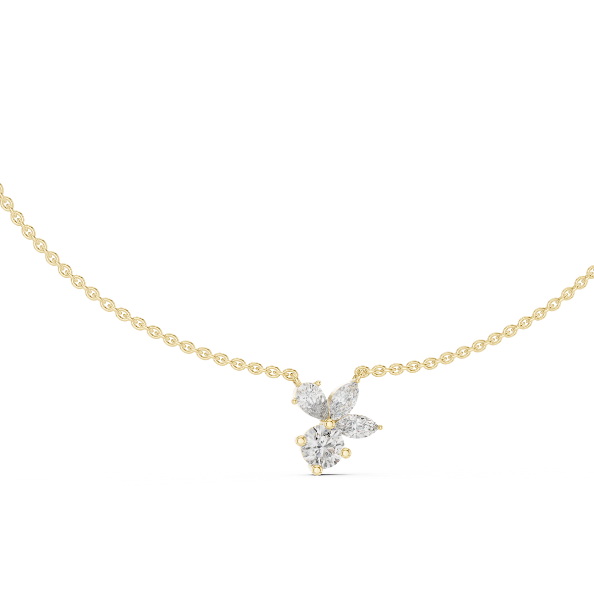 Front CAD schematic view of a delicate cluster necklace featuring a 1.00Ct round center diamond, two marquise side stones, and a pear cut accent stone in a collet setting with a 1.8mm chain profile, available in 925 sterling silver, 10k/14k solid gold, or platinum.