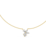 Front CAD schematic view of a delicate cluster necklace featuring a 1.00Ct round center diamond, two marquise side stones, and a pear cut accent stone in a collet setting with a 1.8mm chain profile, available in 925 sterling silver, 10k/14k solid gold, or platinum.