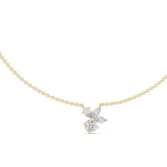 Front CAD schematic view of a delicate cluster necklace featuring a 1.00Ct round center diamond, two marquise side stones, and a pear cut accent stone in a collet setting with a 1.8mm chain profile, available in 925 sterling silver, 10k/14k solid gold, or platinum.