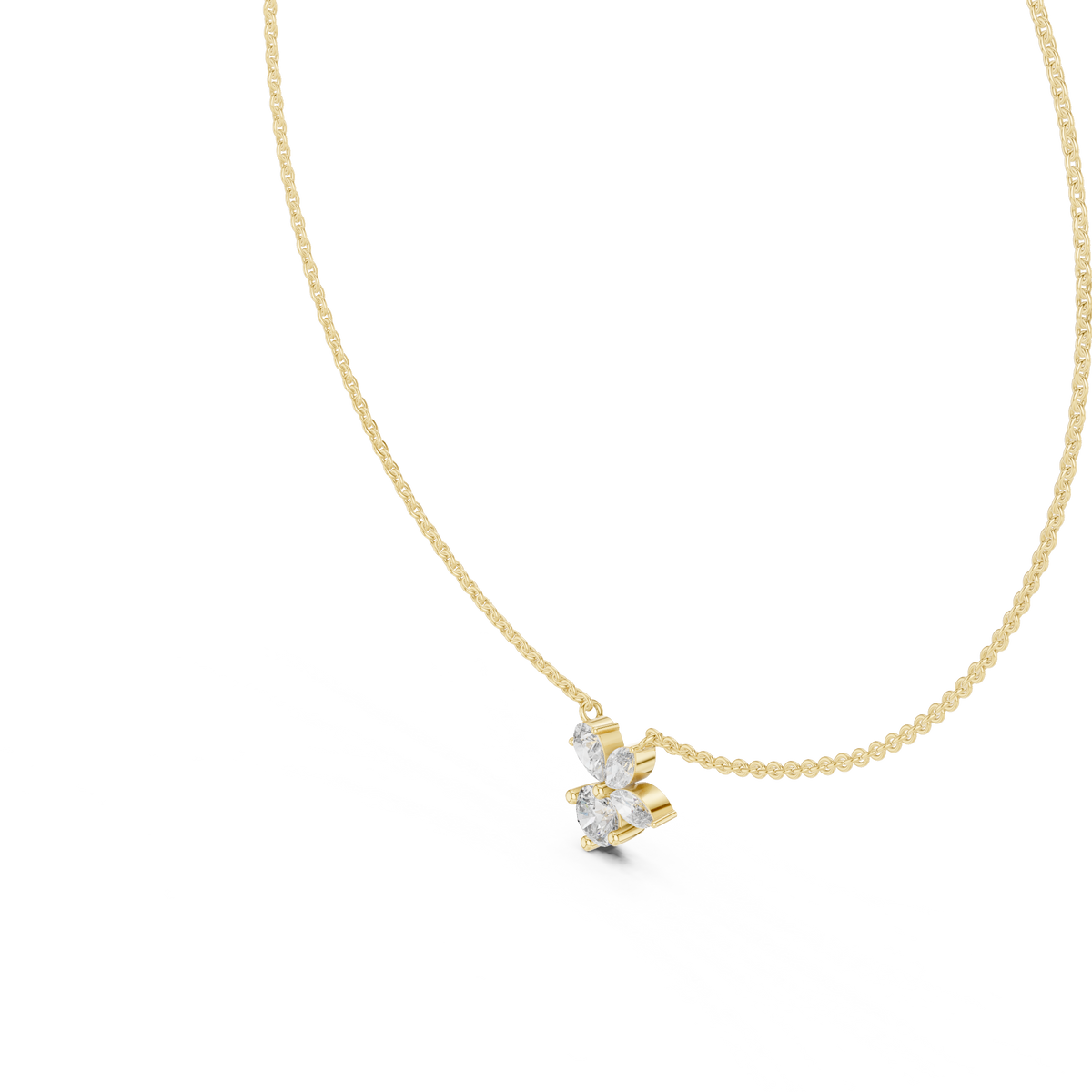 Side profile CAD view showing the precise ~1.8mm chain profile and collet setting height for a custom cluster necklace, available in 10k solid gold, 14k gold, 925 sterling silver, or platinum.