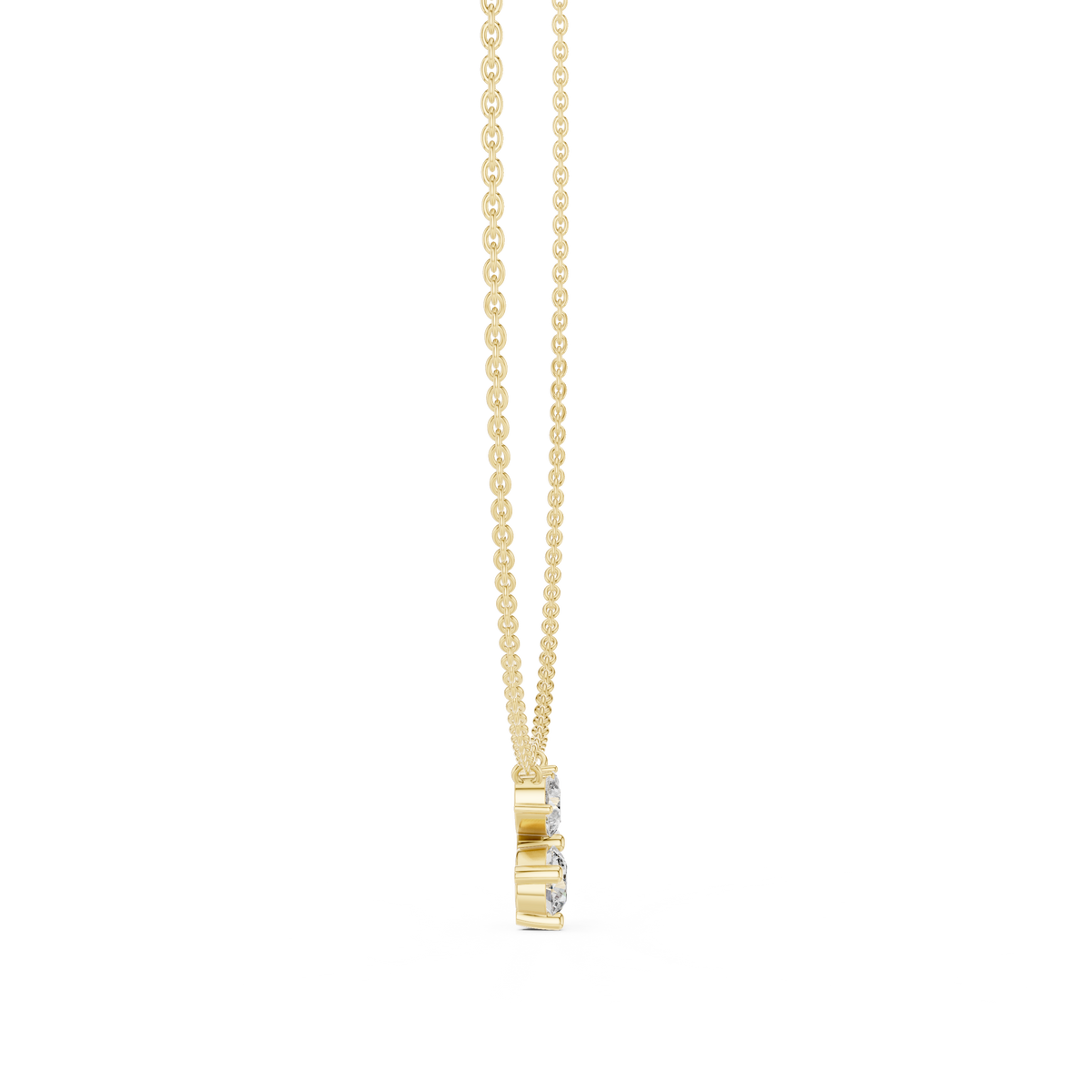 Angled CAD view of the cluster diamond necklace highlighting exceptional D color, VVS1 clarity, brilliant sparkle, moissanite or lab grown diamond options, and 925 sterling silver or solid gold metal variations.