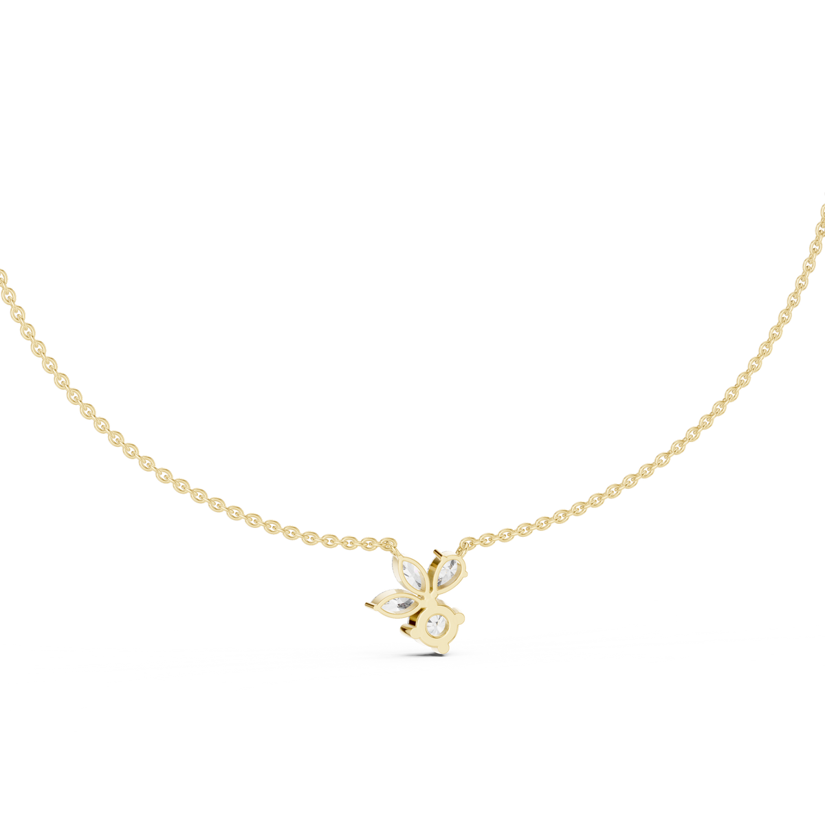 Top close-up CAD view displaying D color, VS clarity, stone symmetry, precision facets, and collet setting details for a custom necklace available in platinum, 14k gold, 10k gold, or 925 silver.