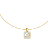 Front CAD schematic view of a geometric halo pendant necklace featuring a central 5.00x5.00mm princess cut stone in a bezel setting, surrounded by round accent diamonds in prong settings with metal variations in 925 sterling silver, 10k/14k solid gold, or platinum.