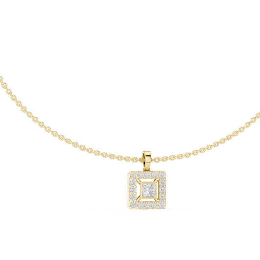 Front CAD schematic view of a geometric halo pendant necklace featuring a central 5.00x5.00mm princess cut stone in a bezel setting, surrounded by round accent diamonds in prong settings with metal variations in 925 sterling silver, 10k/14k solid gold, or platinum.