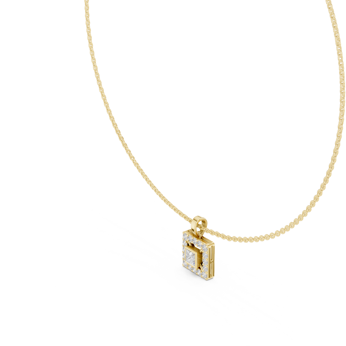Side profile CAD view showing the precise chain profile and bezel-to-prong setting height for a custom princess halo necklace, available in 10k solid gold, 14k gold, 925 sterling silver, or platinum.