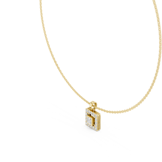 Side profile CAD view showing the precise chain profile and bezel-to-prong setting height for a custom princess halo necklace, available in 10k solid gold, 14k gold, 925 sterling silver, or platinum.