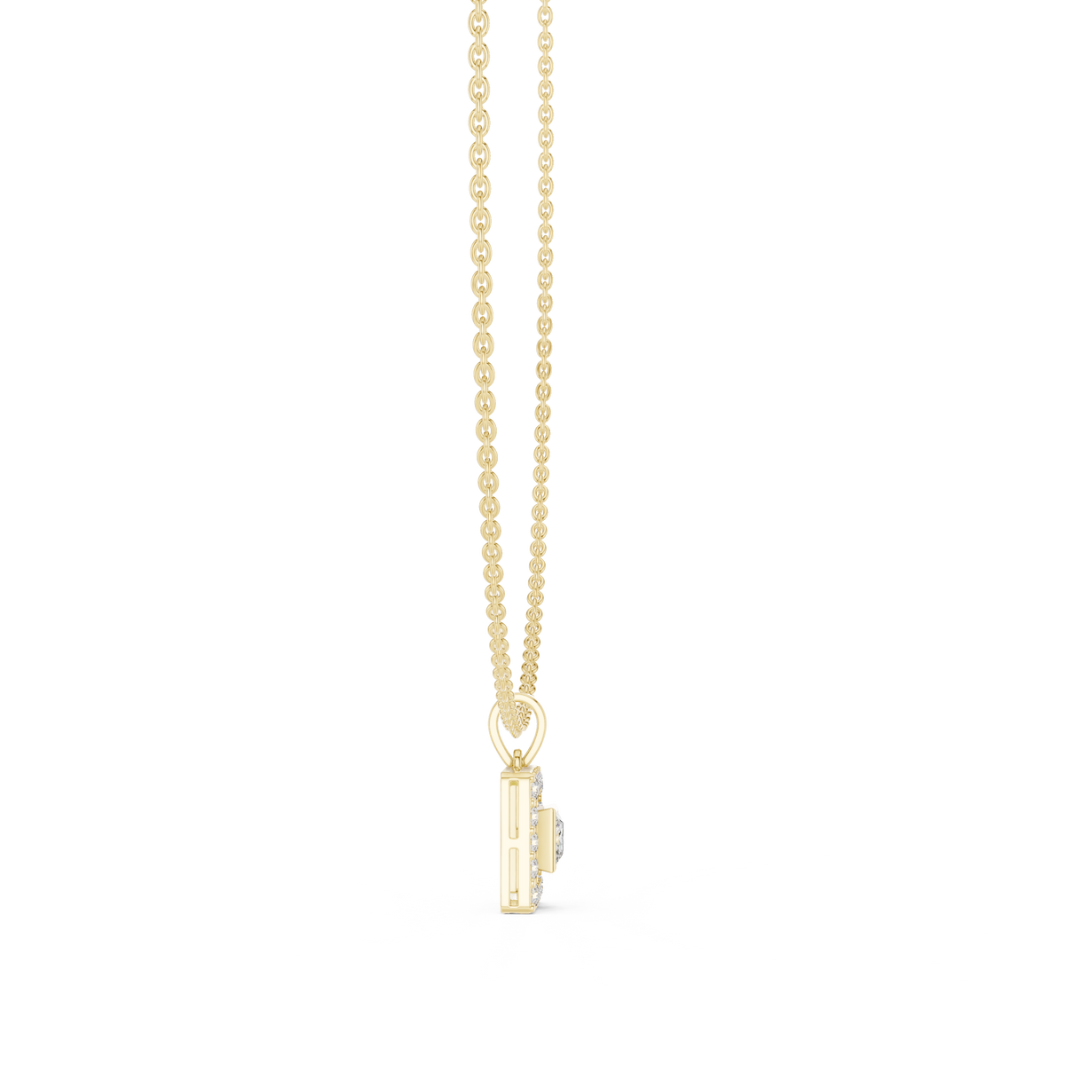 Angled CAD view of the princess halo diamond necklace highlighting exceptional D color, VVS1 clarity, brilliant sparkle, moissanite or lab grown diamond options, and 925 sterling silver or solid gold metal variations.