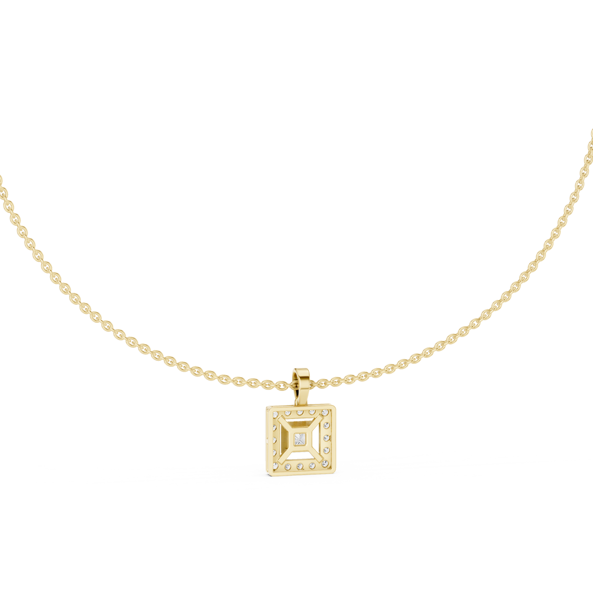 Top close-up CAD view displaying D color, VS clarity, stone symmetry, precision facets, and bezel-prong setting details for a custom necklace available in platinum, 14k gold, 10k gold, or 925 silver.