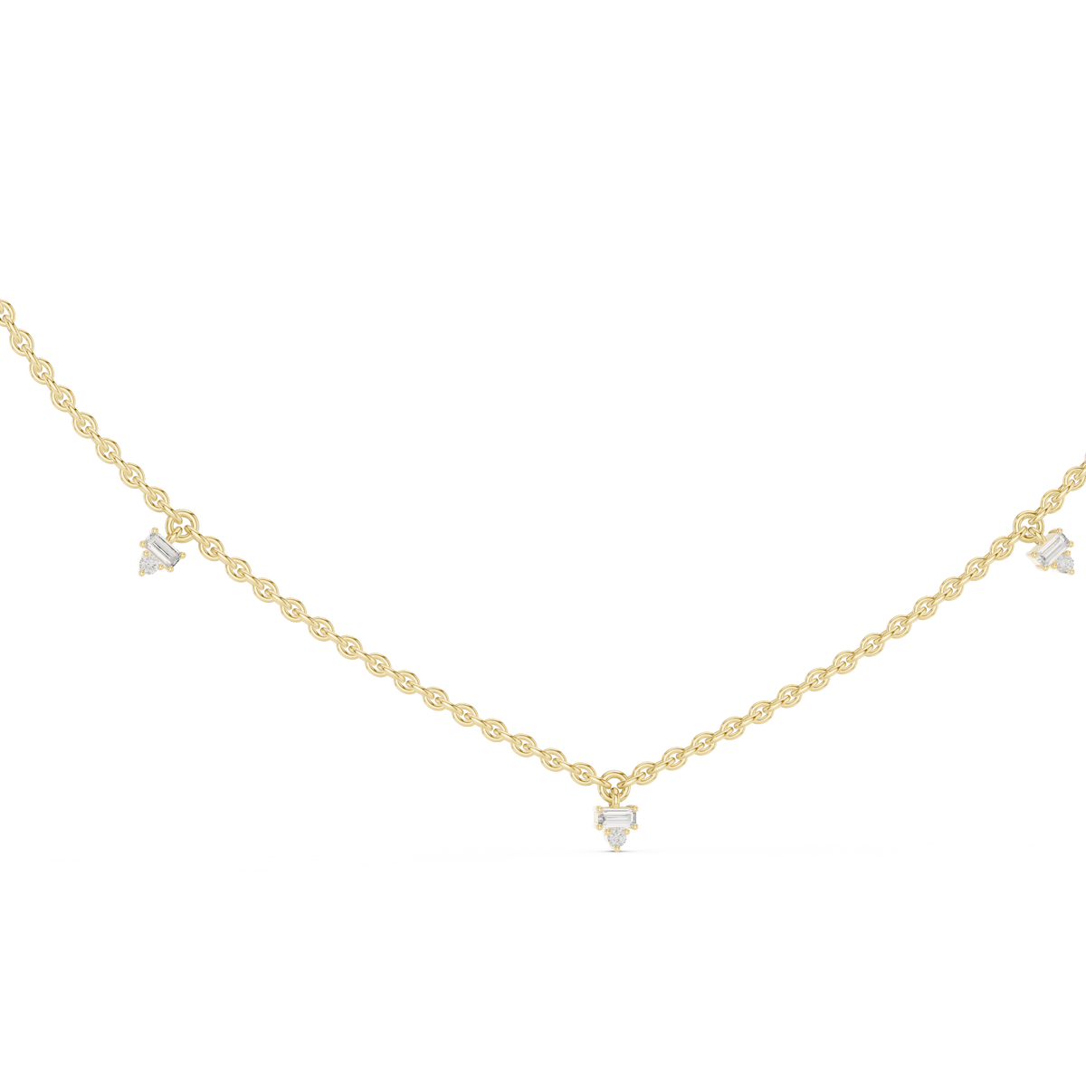 Front CAD schematic view of a station necklace featuring alternating round and baguette diamond details (1.50mm round and 3.00x1.50mm baguettes) in collet settings with chain variations in 925 sterling silver, 10k/14k solid gold, or platinum.