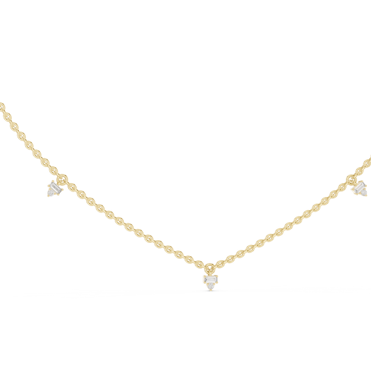 Front CAD schematic view of a station necklace featuring alternating round and baguette diamond details (1.50mm round and 3.00x1.50mm baguettes) in collet settings with chain variations in 925 sterling silver, 10k/14k solid gold, or platinum.