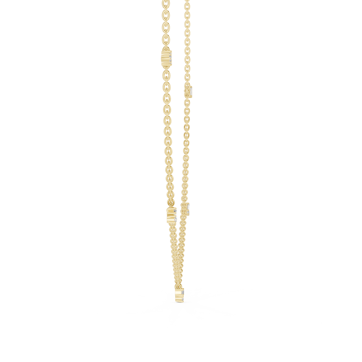 Top close-up CAD view displaying D color, VS clarity, stone symmetry, precision facets, and collet setting details for a custom station necklace available in platinum, 14k gold, 10k gold, or 925 silver.