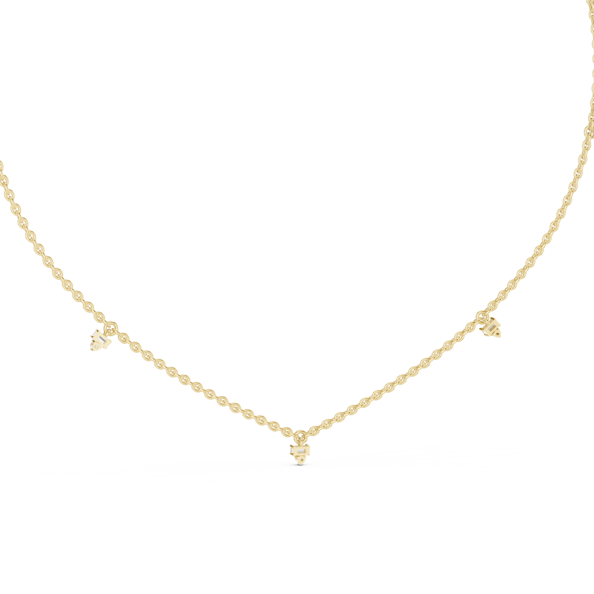 Side profile CAD view showing the precise chain profile and collet setting height for a custom station diamond necklace, available in 10k solid gold, 14k gold, 925 sterling silver, or platinum.
