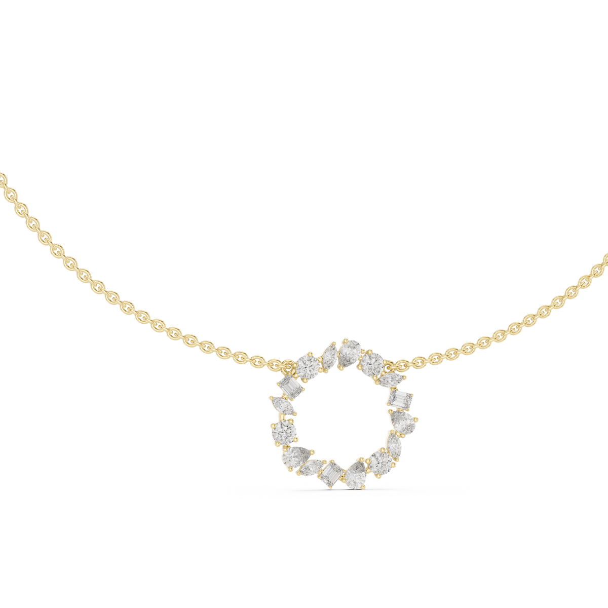 Front CAD schematic view of an intricate multi-stone cluster pendant necklace featuring 4 round, 5 marquise, 4 pear, and 3 emerald cut stones in collet settings with chain variations in 925 sterling silver, 10k/14k solid gold, or platinum.
