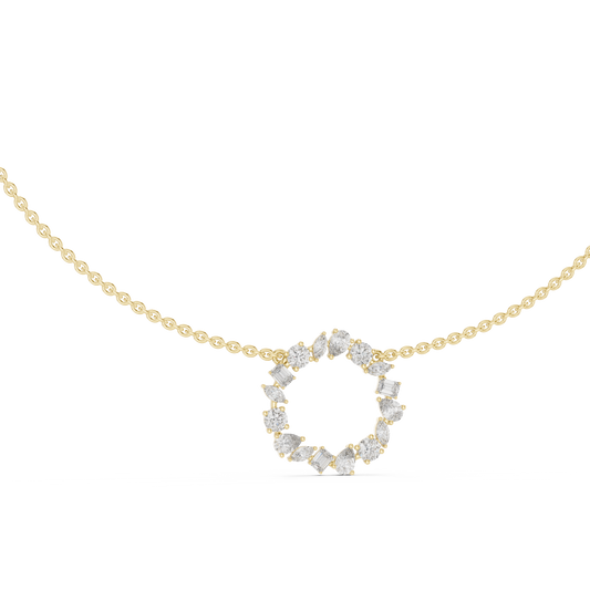 Front CAD schematic view of an intricate multi-stone cluster pendant necklace featuring 4 round, 5 marquise, 4 pear, and 3 emerald cut stones in collet settings with chain variations in 925 sterling silver, 10k/14k solid gold, or platinum.