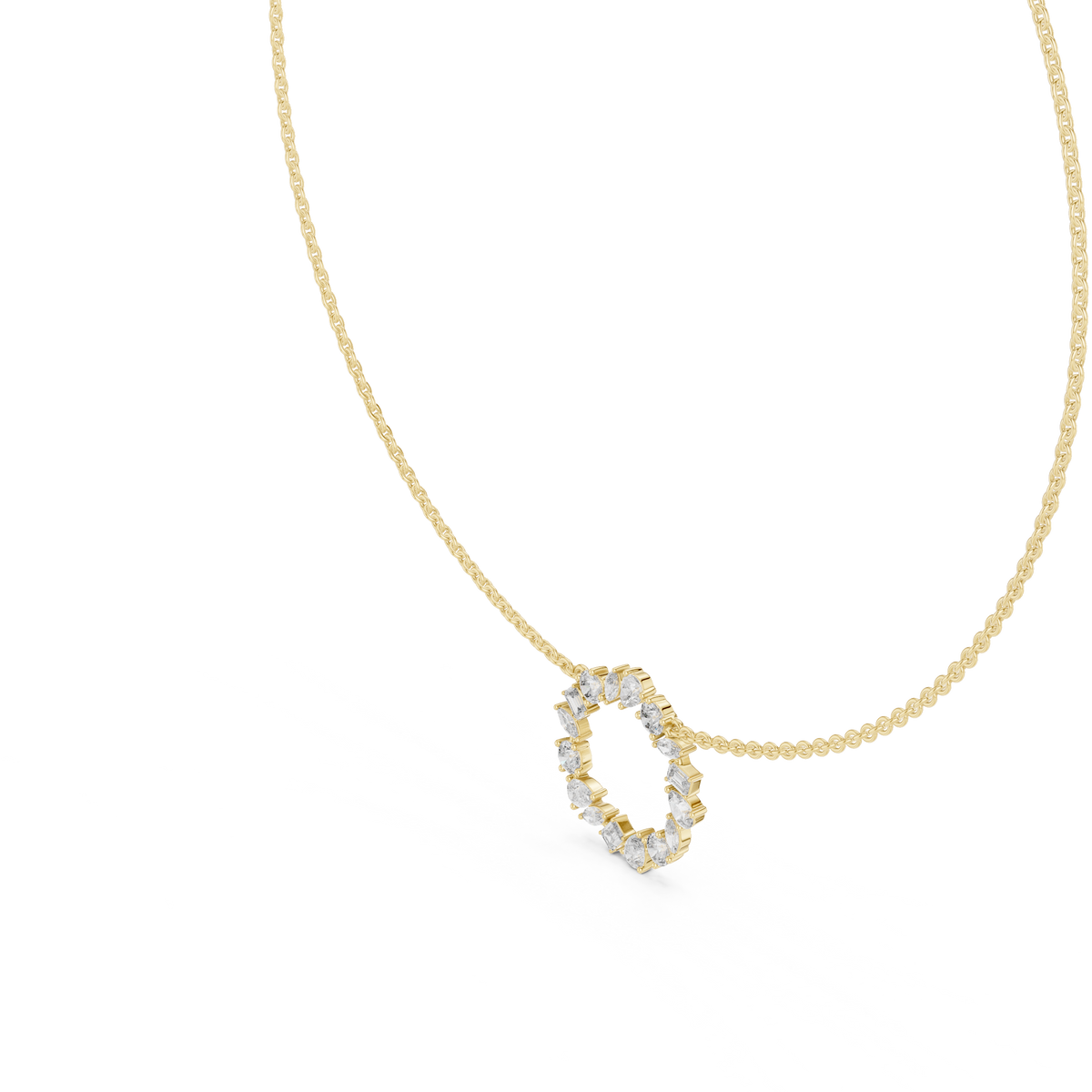Side profile CAD view showing the precise chain profile and collet setting height for a custom multi-shape cluster necklace, available in 10k solid gold, 14k gold, 925 sterling silver, or platinum.