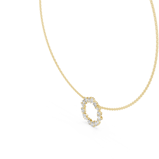 Side profile CAD view showing the precise chain profile and collet setting height for a custom multi-shape cluster necklace, available in 10k solid gold, 14k gold, 925 sterling silver, or platinum.