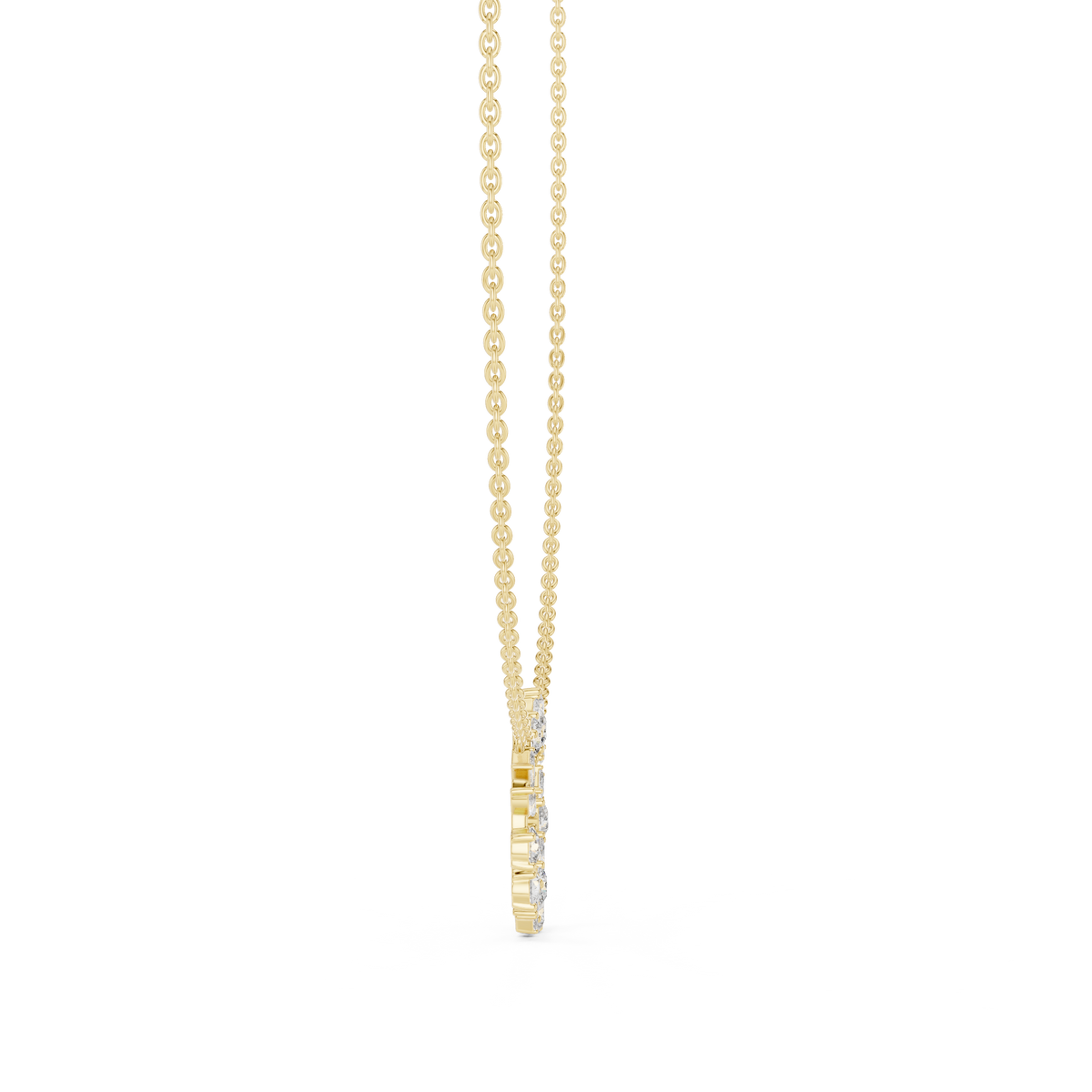 Angled CAD view of the mixed-cut cluster diamond necklace highlighting exceptional D color, VVS1 clarity, brilliant sparkle, moissanite or lab grown diamond options, and 925 sterling silver or solid gold metal variations.