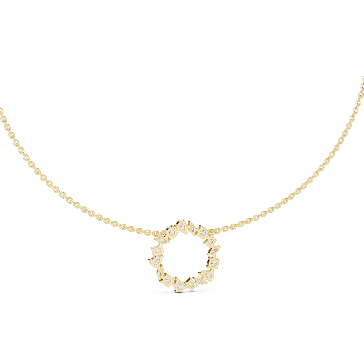Top close-up CAD view displaying D color, VS clarity, stone symmetry, precision facets, and collet setting details for a custom multi-stone necklace available in platinum, 14k gold, 10k gold, or 925 silver.