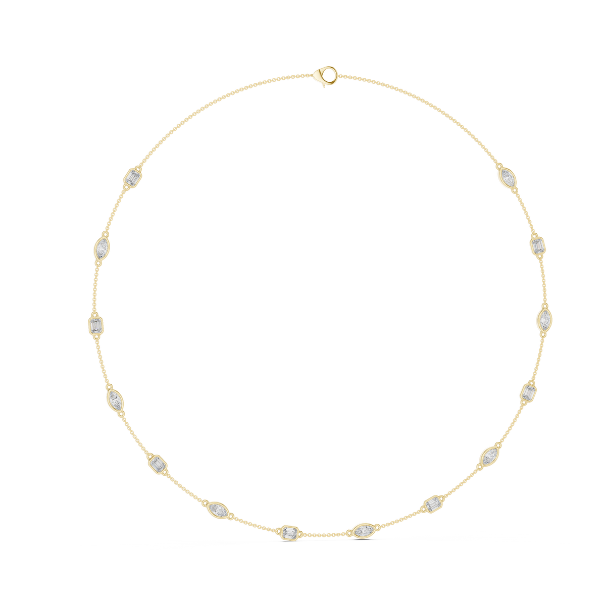 Engineering CAD front layout of an alternating station necklace featuring emerald and marquise stones in secure bezels, set in 14k solid gold. Customize in 925 silver, 10k/14k gold, or platinum with 1ct to 2ct stone options.