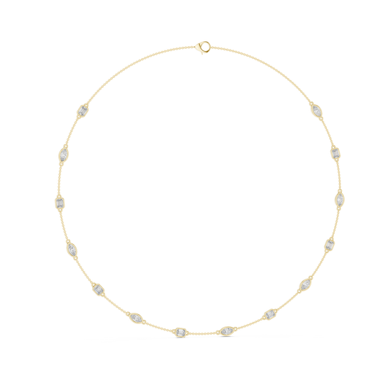 Engineering CAD front layout of an alternating station necklace featuring emerald and marquise stones in secure bezels, set in 14k solid gold. Customize in 925 silver, 10k/14k gold, or platinum with 1ct to 2ct stone options.