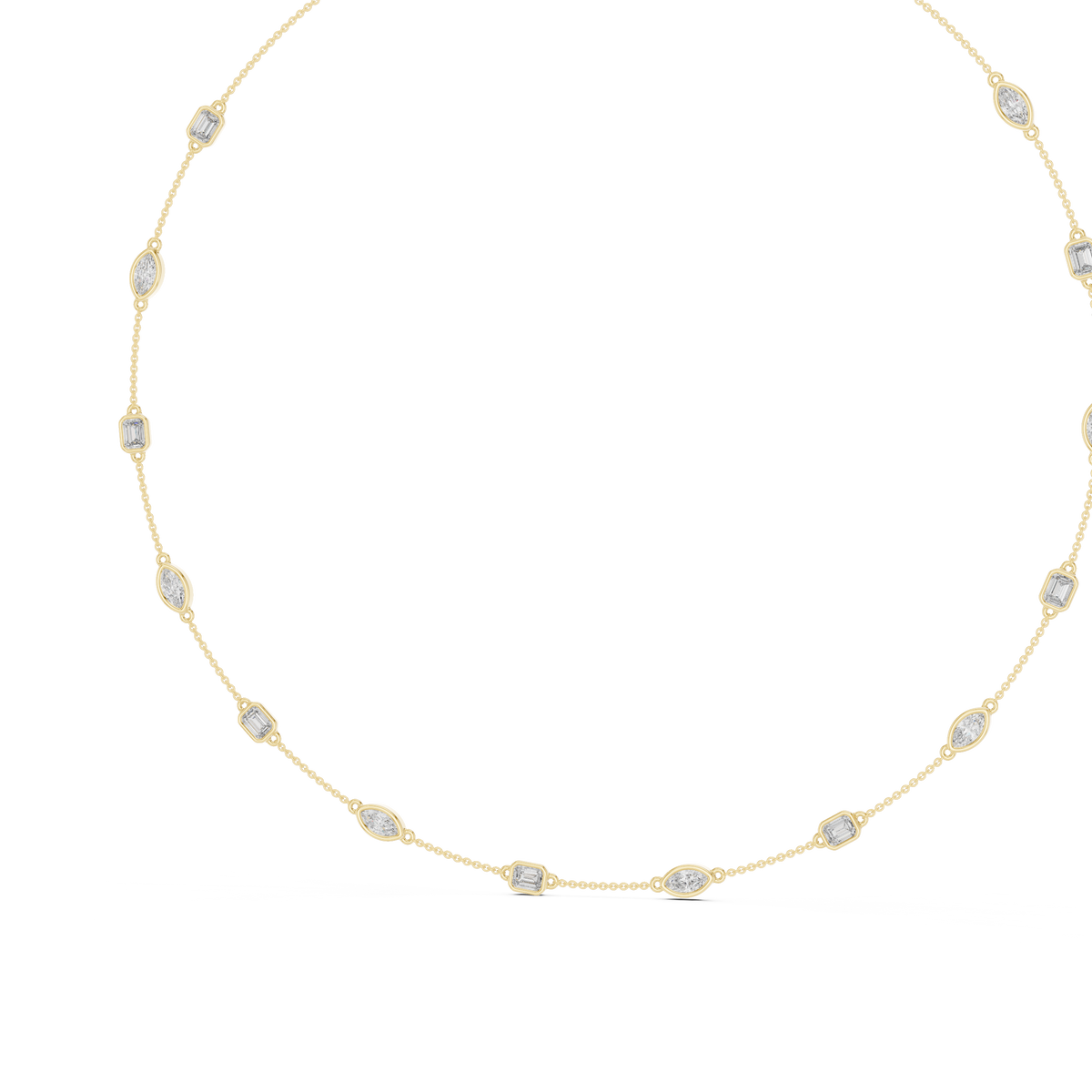 Detailed side profile view highlighting a ~1.8mm thin band width and smooth bezel setting height in radiant 10k solid gold. Available across metal variations (gold, silver, platinum) and stone sizes (1ct-2ct) with moissanite or lab diamonds.