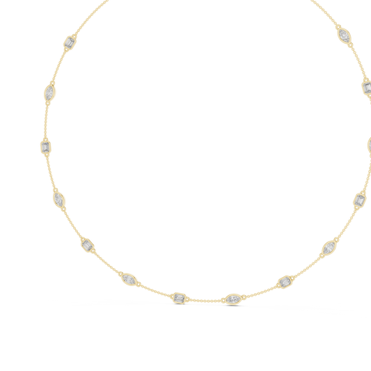 Detailed side profile view highlighting a ~1.8mm thin band width and smooth bezel setting height in radiant 10k solid gold. Available across metal variations (gold, silver, platinum) and stone sizes (1ct-2ct) with moissanite or lab diamonds.