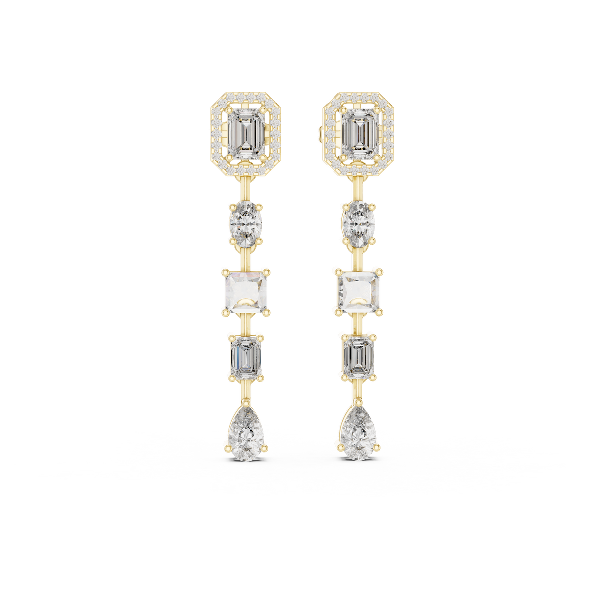 Front view of multi cut drop earrings showcasing emerald, princess, oval, and pear cut lab diamonds set in 14k gold collet settings. Custom 10k/14k gold, 925 silver, or platinum with 1ct to 2ct equivalent moissanite or lab grown diamond choices. Perfect wedding jewelry statement gift.