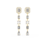 Front view of multi cut drop earrings showcasing emerald, princess, oval, and pear cut lab diamonds set in 14k gold collet settings. Custom 10k/14k gold, 925 silver, or platinum with 1ct to 2ct equivalent moissanite or lab grown diamond choices. Perfect wedding jewelry statement gift.