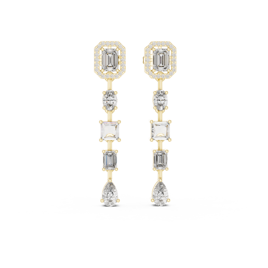 Front view of multi cut drop earrings showcasing emerald, princess, oval, and pear cut lab diamonds set in 14k gold collet settings. Custom 10k/14k gold, 925 silver, or platinum with 1ct to 2ct equivalent moissanite or lab grown diamond choices. Perfect wedding jewelry statement gift.