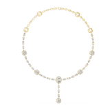 Stunning mixed-shape drop necklace featuring oval, emerald, pear, and marquise lab diamonds. Crafted in 14k gold with micro-prong and collet settings, D-E color, and VVS clarity. Available in silver or platinum.