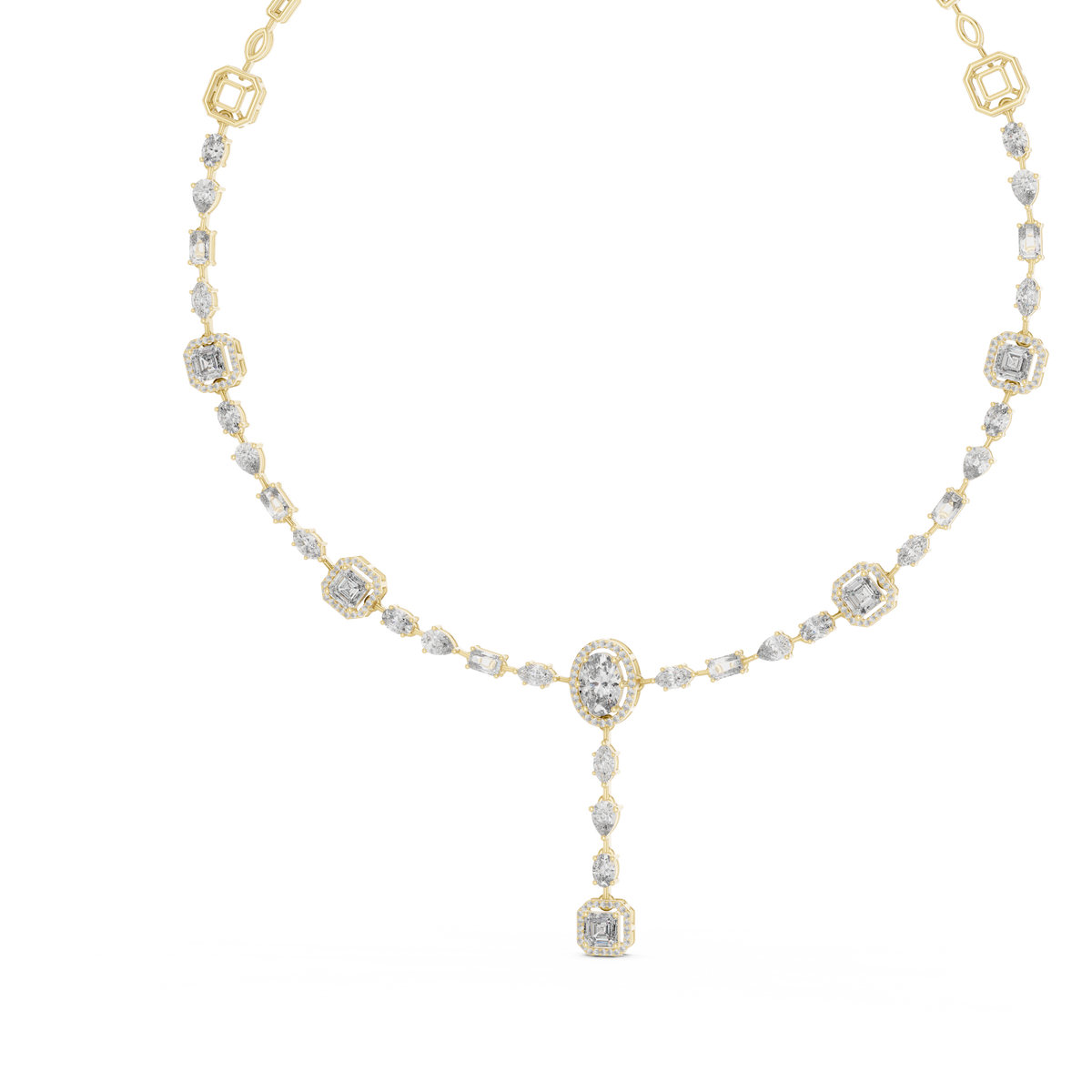 Refined profile of a luxury drop necklace showing precise collet and micro-prong setting heights. Crafted in 10k solid gold with 181 stones, fully customizable in 14k gold, silver, or platinum