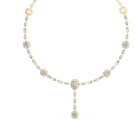 Refined profile of a luxury drop necklace showing precise collet and micro-prong setting heights. Crafted in 10k solid gold with 181 stones, fully customizable in 14k gold, silver, or platinum