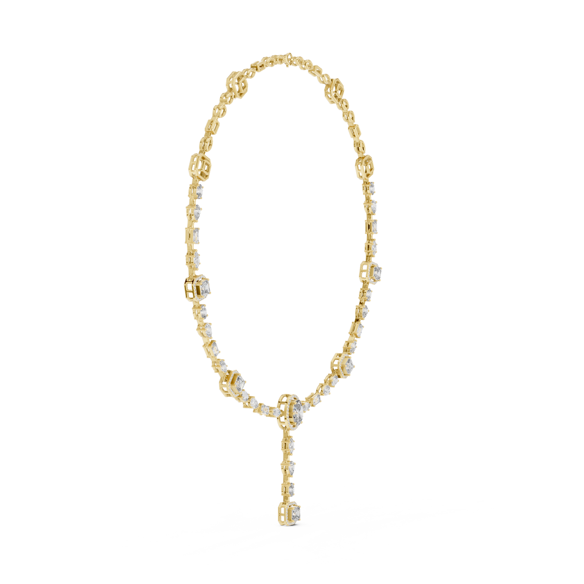 Brilliant moissanite drop necklace catching light across 181 faceted stones with D-E color and VVS clarity. Gleaming in 925 sterling silver, customizable in 10k, 14k gold, and platinum.