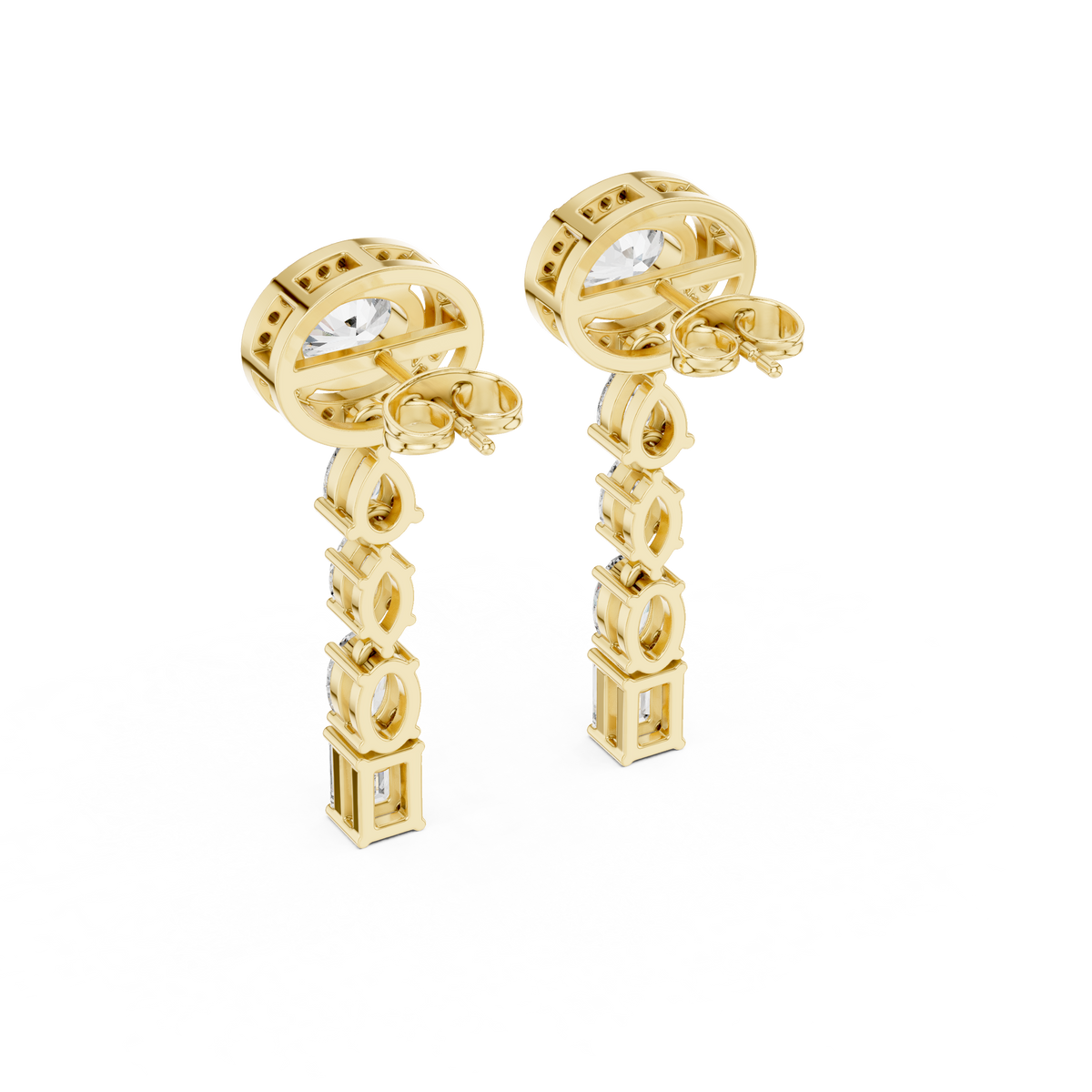 Angled view displaying high brilliance D-E color VVS1 clarity moissanite multi shape cascade sparkle on 925 sterling silver drop earrings. Custom 10k/14k gold, 925 silver, platinum options with 1ct to 2ct moissanite or lab grown diamond gems for romantic occasions.