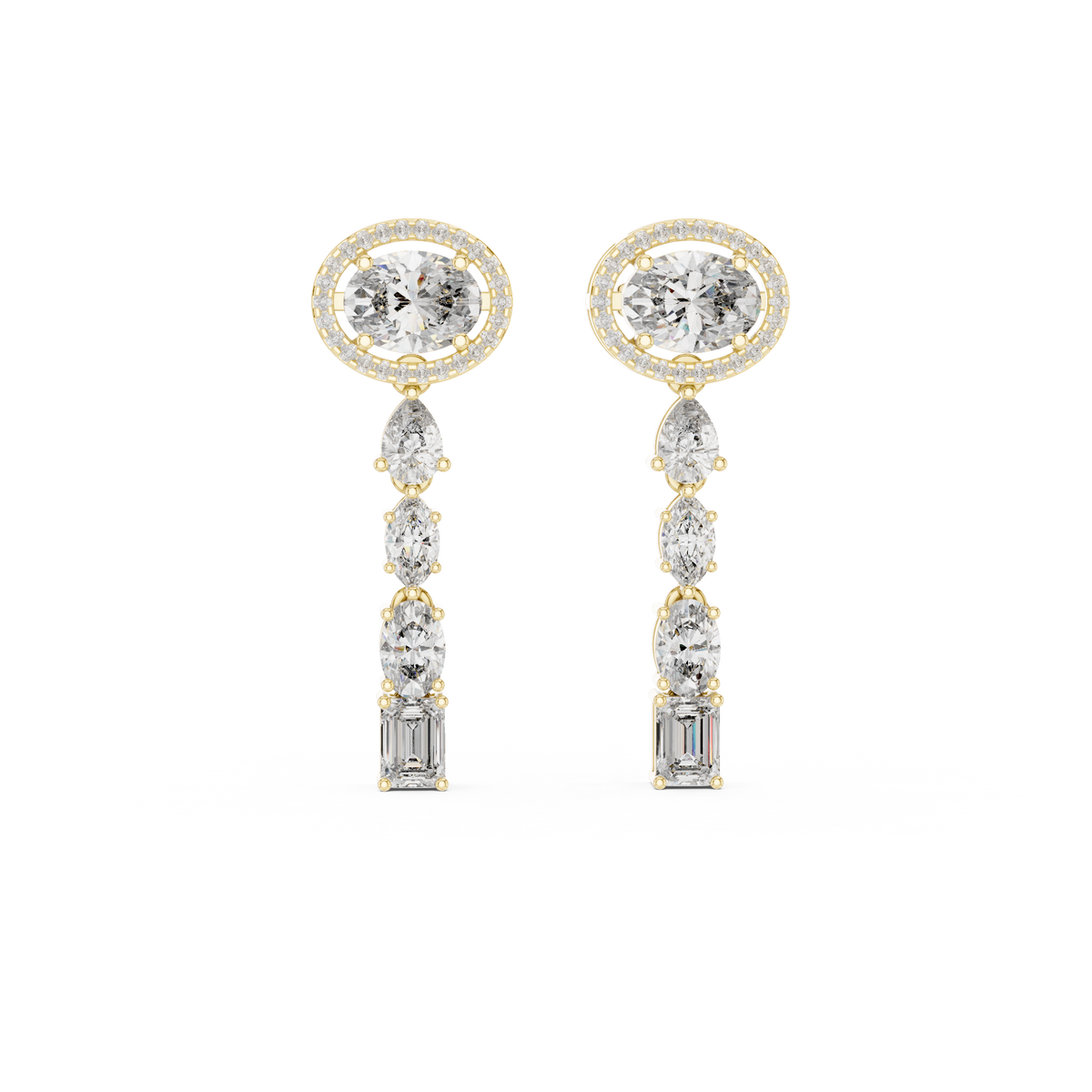 Front view of multi cut drop earrings showcasing oval halo stud top with dangling pear, marquise, emerald, and oval lab diamonds set in 14k gold. Custom 10k/14k gold, 925 silver, or platinum with 1ct to 2ct moissanite or lab grown diamond choices for wedding jewelry.